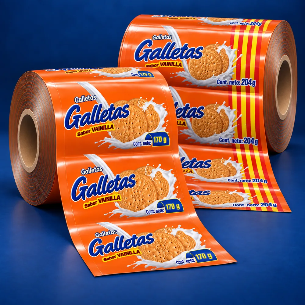 Bobinas impresas para galletas tipo María con imágenes de galletas y detalles de vainilla