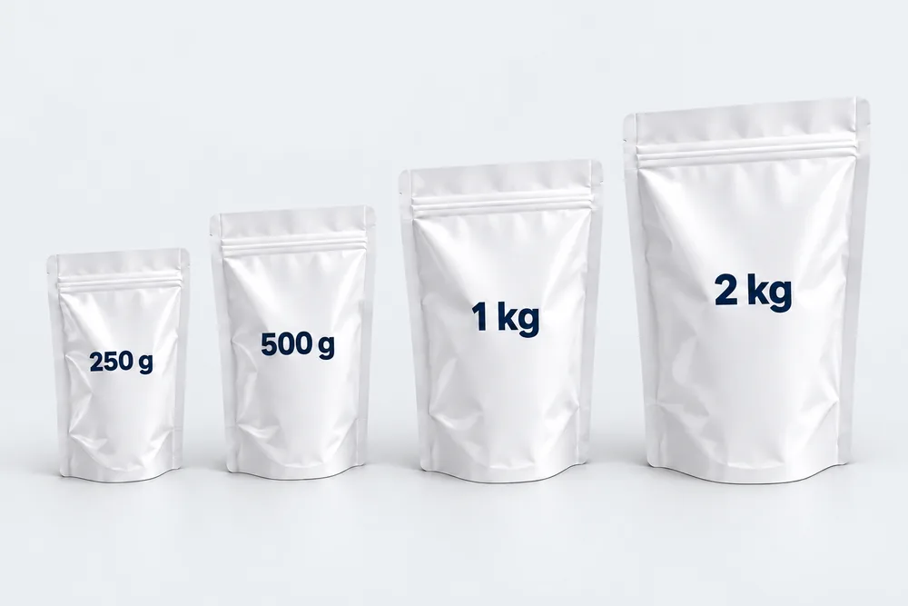 Bolsas stand-up pouch con referencias de capacidad de 250 g, 500 g, 1 kg y 2 kg