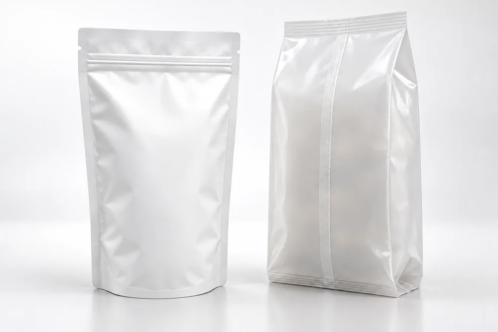 Bolsa stand-up pouch con zipper y bolsa con traslape y fuelles laterales, sin impresión